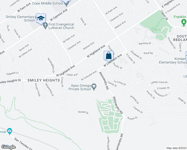 map of restaurants, bars, coffee shops, grocery stores, and more near 1119 West Crescent Avenue in Redlands