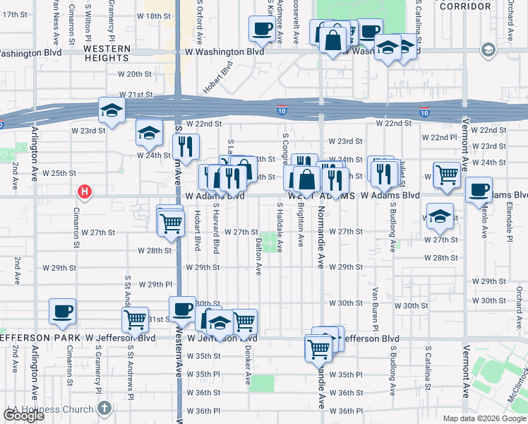 map of restaurants, bars, coffee shops, grocery stores, and more near 2626 Dalton Avenue in Los Angeles