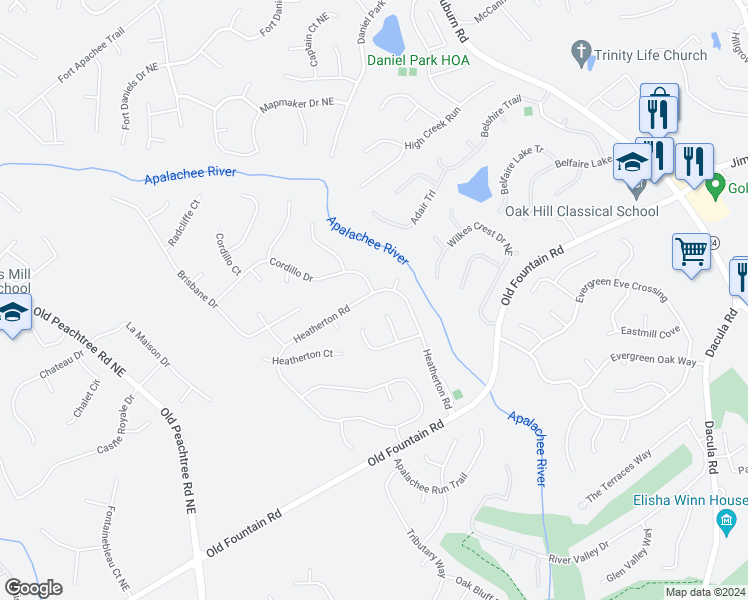 map of restaurants, bars, coffee shops, grocery stores, and more near 1450 Heatherton Road in Dacula