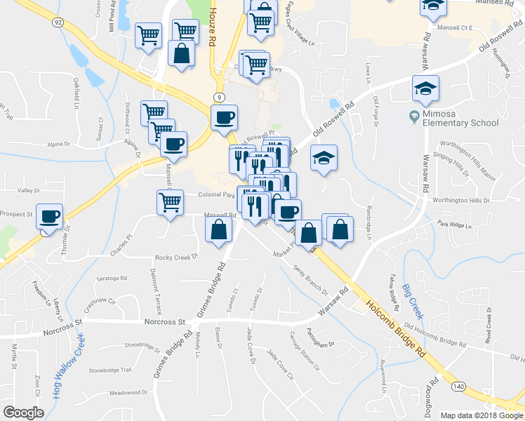 map of restaurants, bars, coffee shops, grocery stores, and more near 695 Holcomb Bridge Road in Roswell