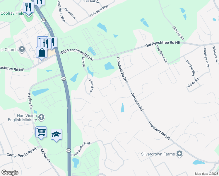 map of restaurants, bars, coffee shops, grocery stores, and more near 1180 Prospect Mill Drive in Lawrenceville