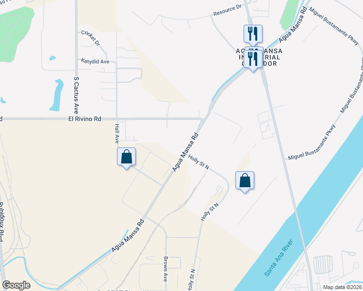 map of restaurants, bars, coffee shops, grocery stores, and more near 19716 Agua Mansa Road in Riverside