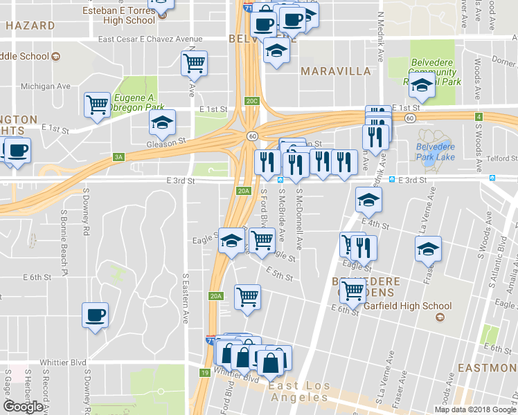 map of restaurants, bars, coffee shops, grocery stores, and more near 355 South Ford Boulevard in East Los Angeles