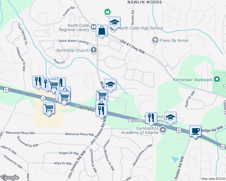 map of restaurants, bars, coffee shops, grocery stores, and more near 3339 Freedom Landing Northwest in Kennesaw