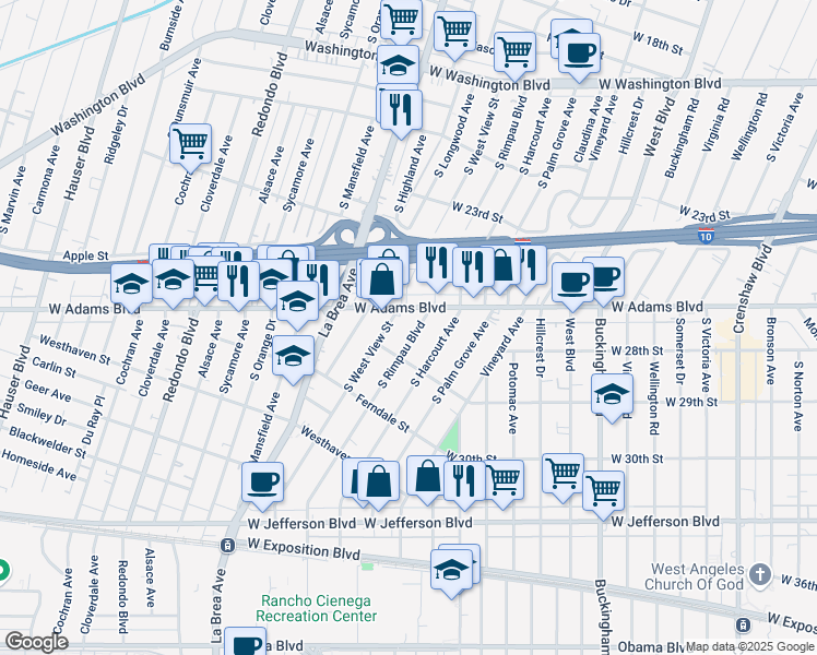 map of restaurants, bars, coffee shops, grocery stores, and more near 2614 West View Street in Los Angeles