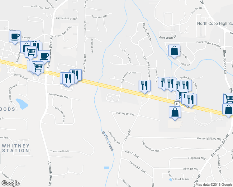 map of restaurants, bars, coffee shops, grocery stores, and more near 3910 Cyrus Crest Circle in Kennesaw