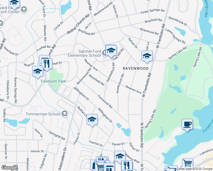 map of restaurants, bars, coffee shops, grocery stores, and more near 5660 Satchelford Road in Columbia