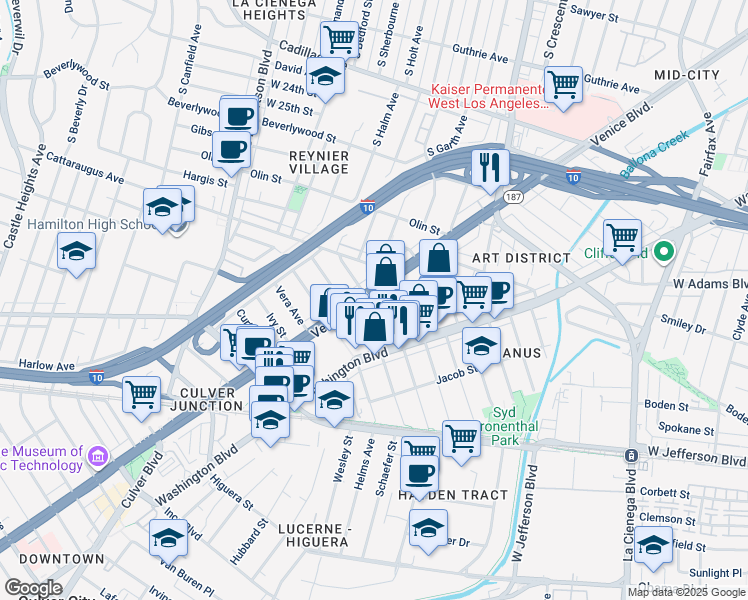 map of restaurants, bars, coffee shops, grocery stores, and more near 3203 South Sherbourne Drive in Los Angeles