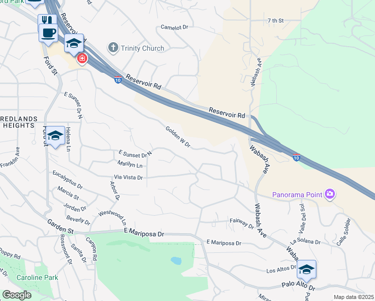 map of restaurants, bars, coffee shops, grocery stores, and more near 630 Golden West Drive in Redlands