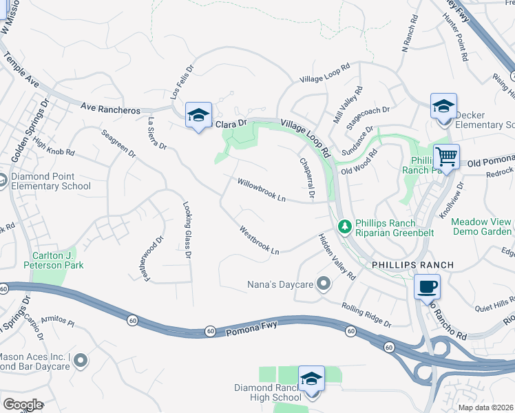 map of restaurants, bars, coffee shops, grocery stores, and more near 9 La Torre Drive in Pomona