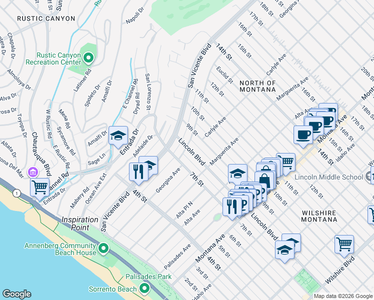 map of restaurants, bars, coffee shops, grocery stores, and more near 400 Lincoln Boulevard in Santa Monica