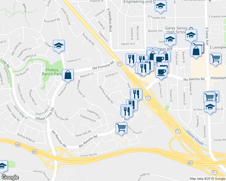 map of restaurants, bars, coffee shops, grocery stores, and more near 19 Skyline Lane in Pomona