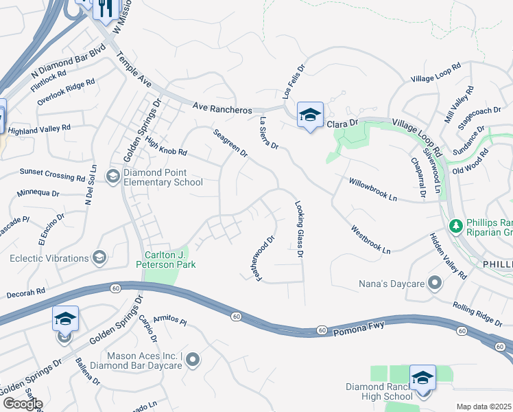 map of restaurants, bars, coffee shops, grocery stores, and more near 24350 Sylvan Glen Road in Diamond Bar
