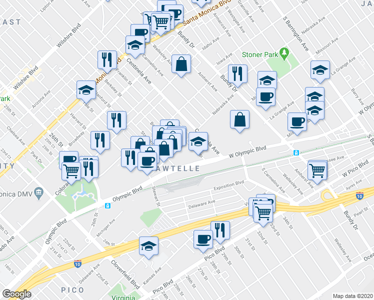 map of restaurants, bars, coffee shops, grocery stores, and more near 3111 Olympic Boulevard in Santa Monica