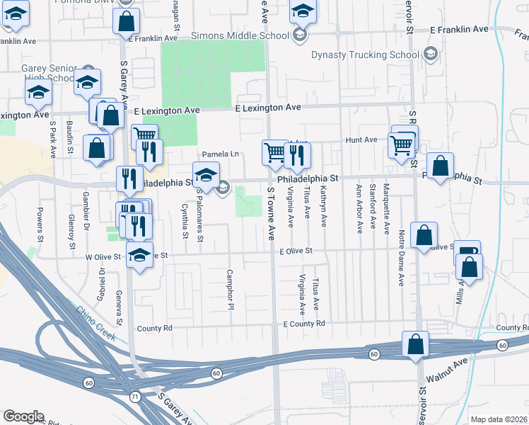 map of restaurants, bars, coffee shops, grocery stores, and more near 2191 South Towne Avenue in Pomona
