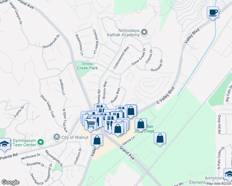 map of restaurants, bars, coffee shops, grocery stores, and more near 705 Rodeo Way in Walnut