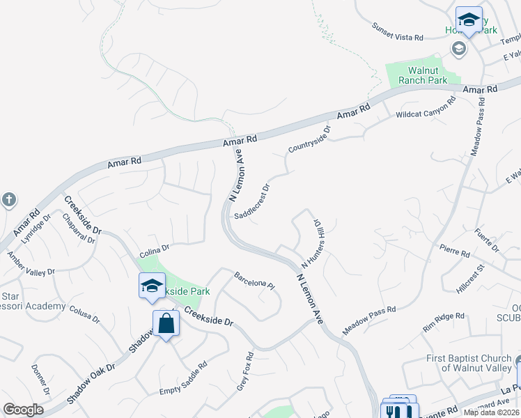 map of restaurants, bars, coffee shops, grocery stores, and more near 19660 Saddlecrest Drive in Walnut