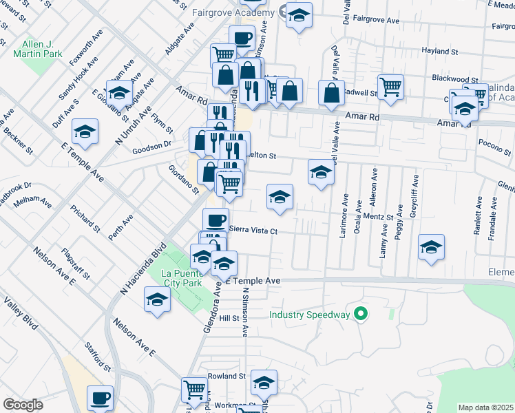 map of restaurants, bars, coffee shops, grocery stores, and more near 15661 Mentz Street in La Puente