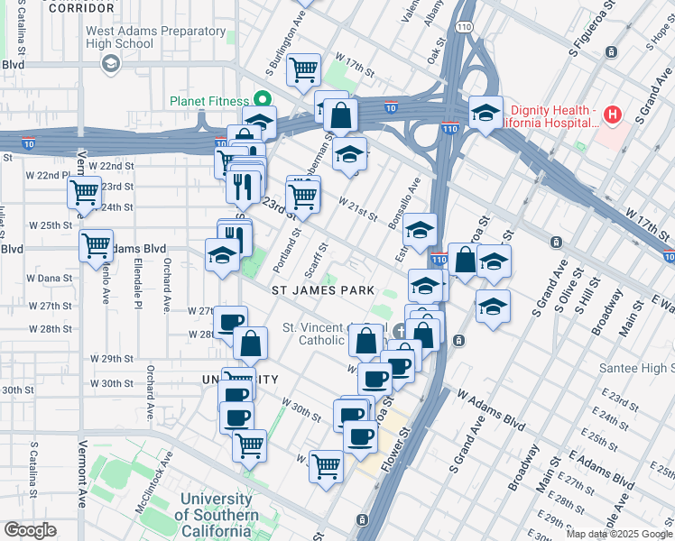 map of restaurants, bars, coffee shops, grocery stores, and more near 2328 Saint James Place in Los Angeles