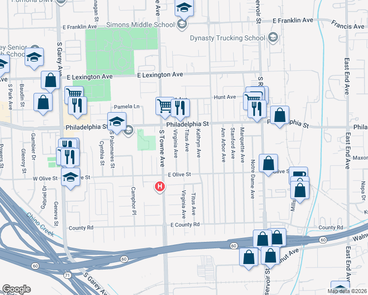 map of restaurants, bars, coffee shops, grocery stores, and more near 2192 Titus Avenue in Pomona