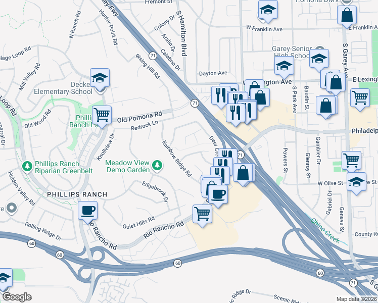 map of restaurants, bars, coffee shops, grocery stores, and more near 19 Skyline Lane in Pomona