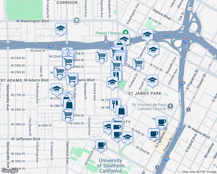 map of restaurants, bars, coffee shops, grocery stores, and more near 1158 West Adams Boulevard in Los Angeles