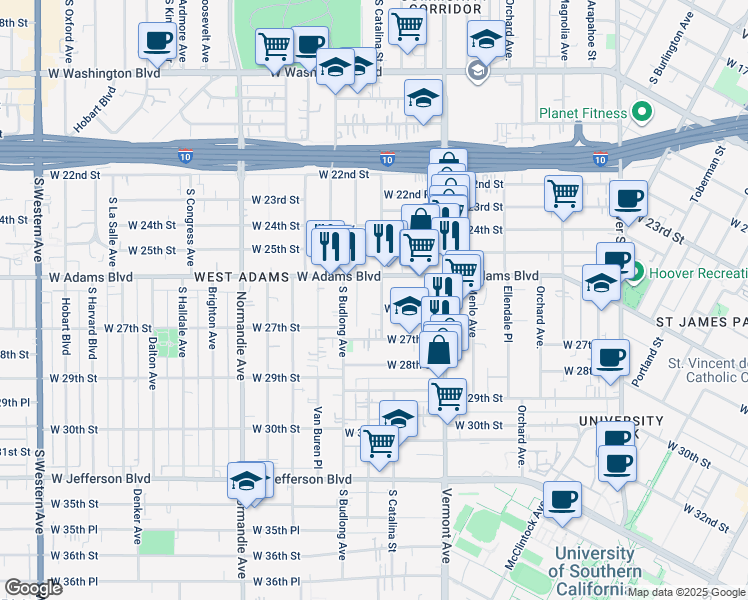 map of restaurants, bars, coffee shops, grocery stores, and more near 2623 South Catalina Street in Los Angeles