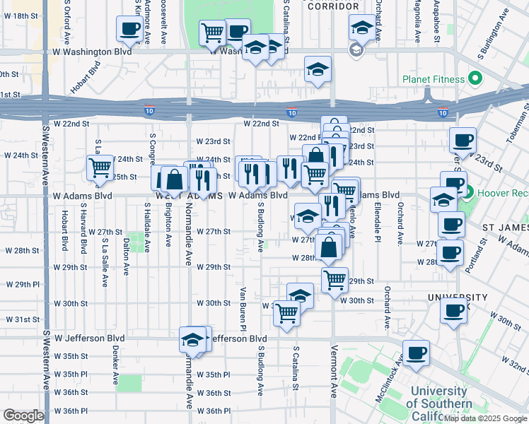 map of restaurants, bars, coffee shops, grocery stores, and more near 2625 Budlong Avenue in Los Angeles