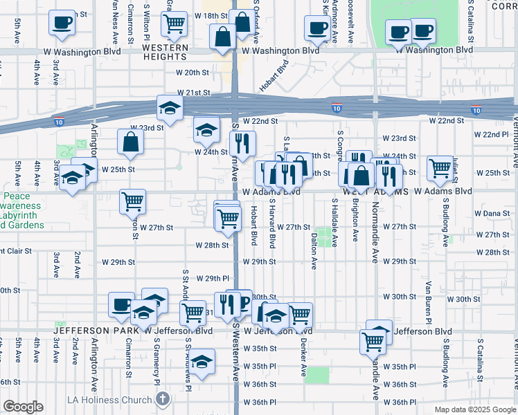 map of restaurants, bars, coffee shops, grocery stores, and more near 2617 South Hobart Boulevard in Los Angeles