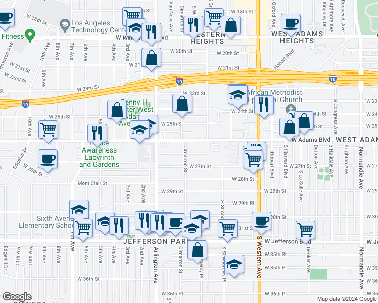 map of restaurants, bars, coffee shops, grocery stores, and more near 2221 West 26th Place in Los Angeles