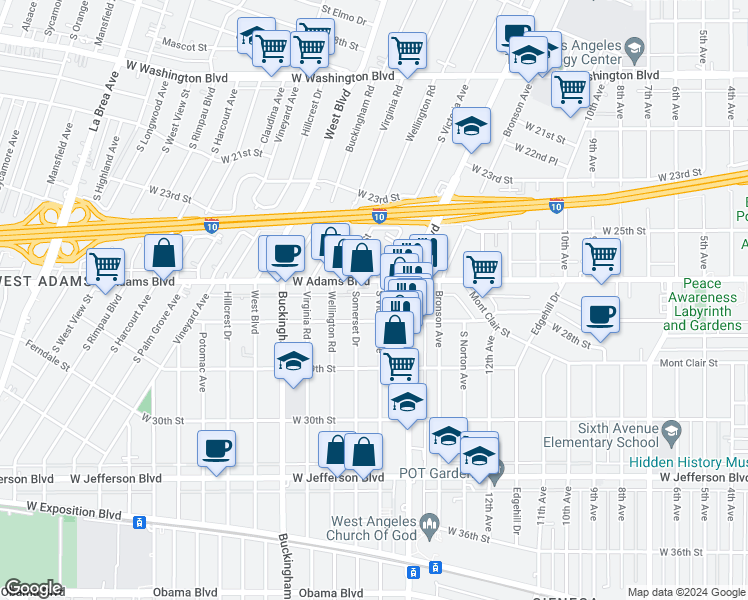 map of restaurants, bars, coffee shops, grocery stores, and more near 2623 South Victoria Avenue in Los Angeles