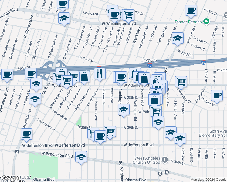 map of restaurants, bars, coffee shops, grocery stores, and more near 2617 Buckingham Road in Los Angeles