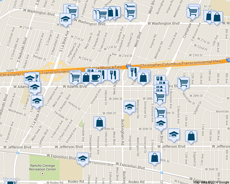 map of restaurants, bars, coffee shops, grocery stores, and more near 2617 Buckingham Road in Los Angeles