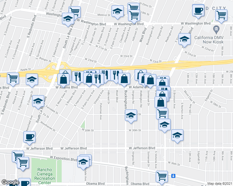 map of restaurants, bars, coffee shops, grocery stores, and more near in Los Angeles