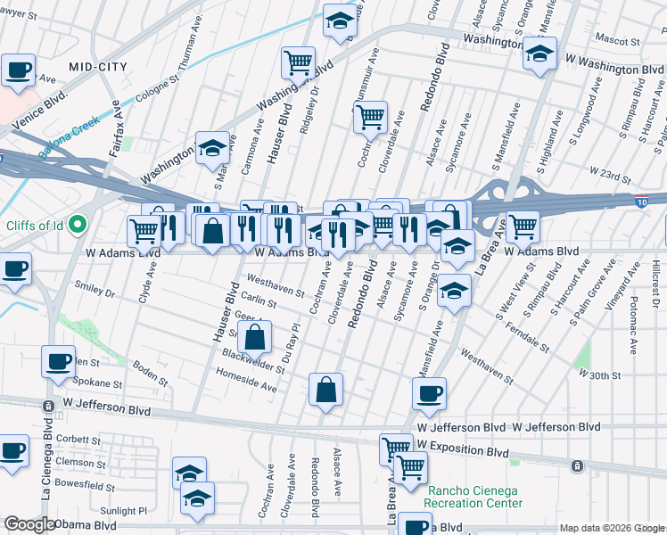 map of restaurants, bars, coffee shops, grocery stores, and more near 2617 South Cochran Avenue in Los Angeles