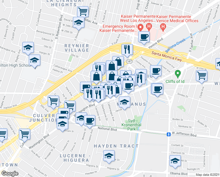 map of restaurants, bars, coffee shops, grocery stores, and more near 3219 McManus Avenue in Los Angeles