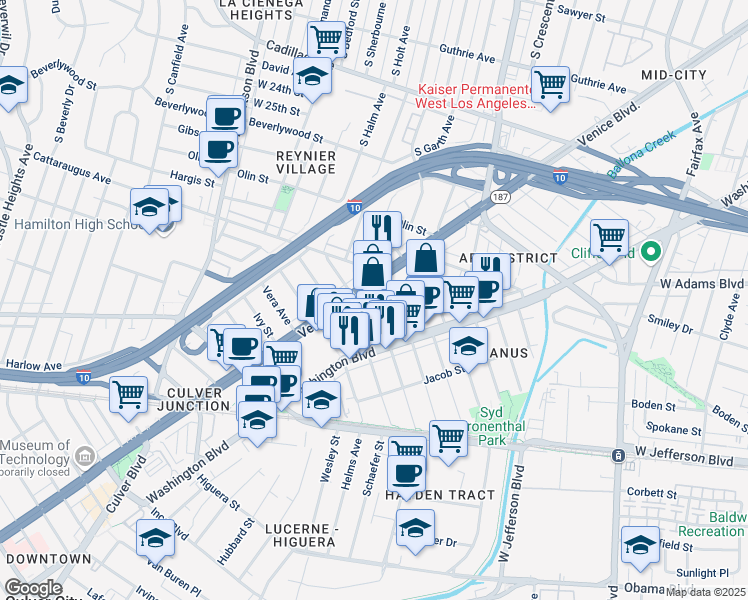map of restaurants, bars, coffee shops, grocery stores, and more near 3203 South Sherbourne Drive in Los Angeles