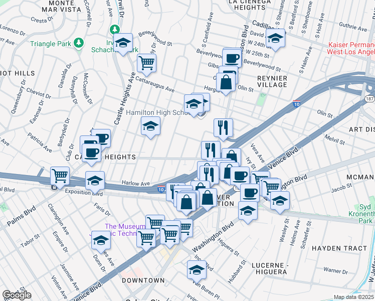 map of restaurants, bars, coffee shops, grocery stores, and more near 3139 South Durango Avenue in Los Angeles