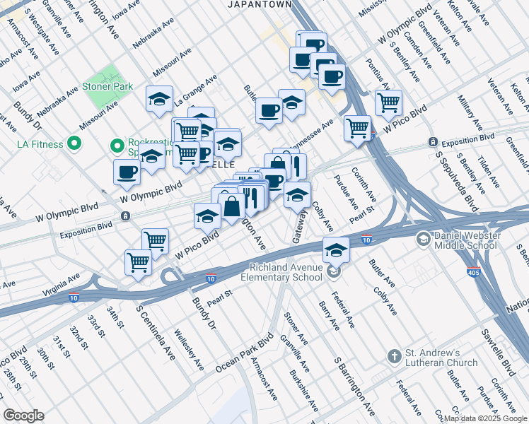 map of restaurants, bars, coffee shops, grocery stores, and more near 11646 West Pico Boulevard in Los Angeles