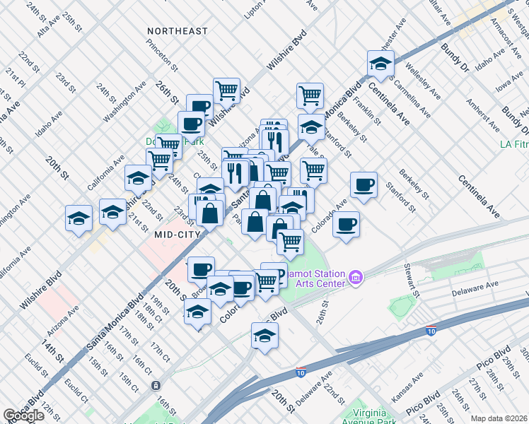 map of restaurants, bars, coffee shops, grocery stores, and more near 1428 25th Street in Santa Monica