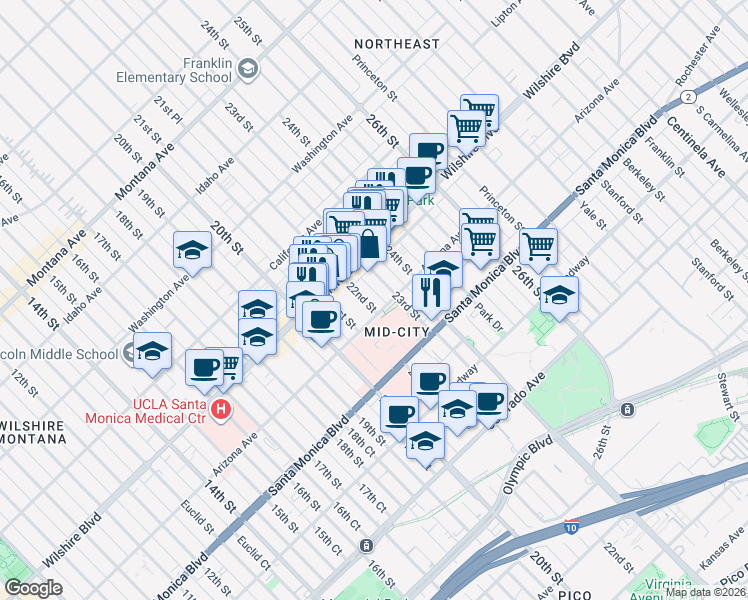 map of restaurants, bars, coffee shops, grocery stores, and more near 1233 22nd Street in Santa Monica