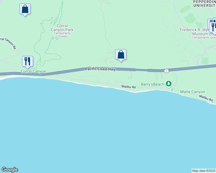 map of restaurants, bars, coffee shops, grocery stores, and more near 25200 Malibu Road in Malibu