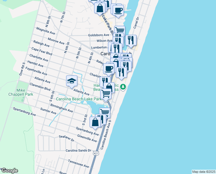 map of restaurants, bars, coffee shops, grocery stores, and more near 200 Lake Park Boulevard South in Carolina Beach