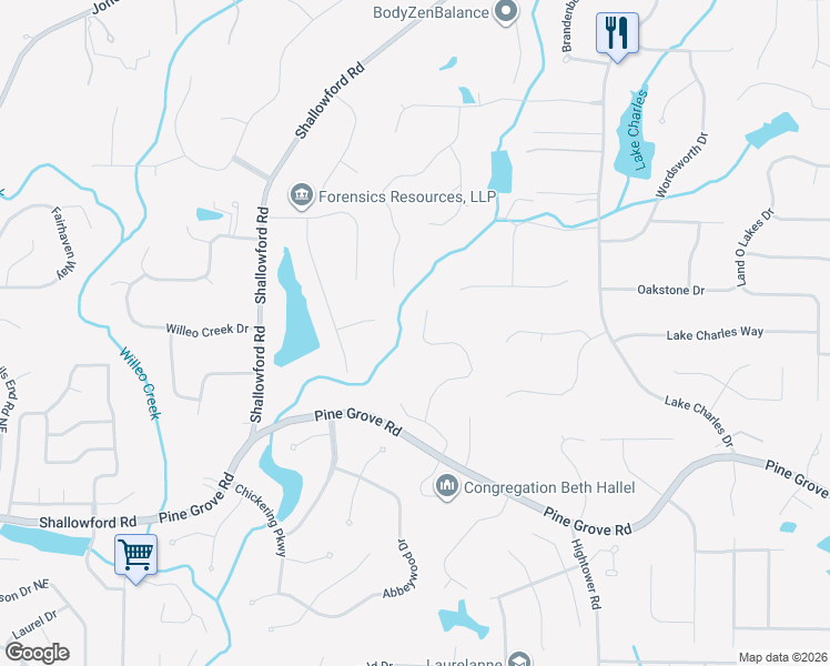 map of restaurants, bars, coffee shops, grocery stores, and more near 3020 Bluffton Way in Roswell