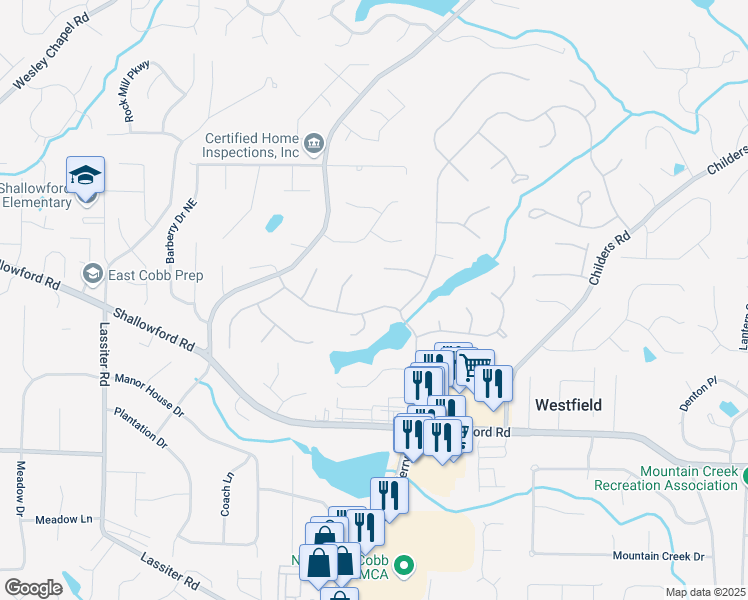 map of restaurants, bars, coffee shops, grocery stores, and more near 4281 Chimney Lake Drive Northeast in Roswell