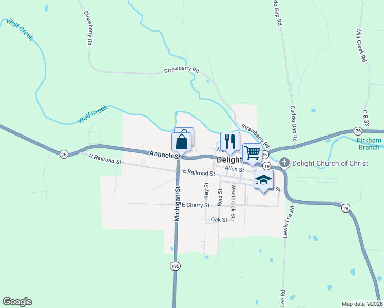 map of restaurants, bars, coffee shops, grocery stores, and more near 207 Antioch Street in Delight