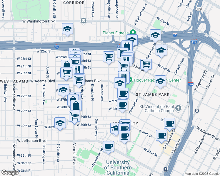 map of restaurants, bars, coffee shops, grocery stores, and more near 2622 Orchard Avenue in Los Angeles