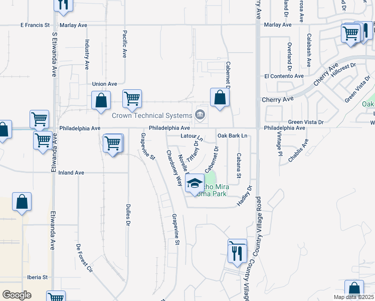 map of restaurants, bars, coffee shops, grocery stores, and more near 10498 Bergerac Lane in Jurupa Valley