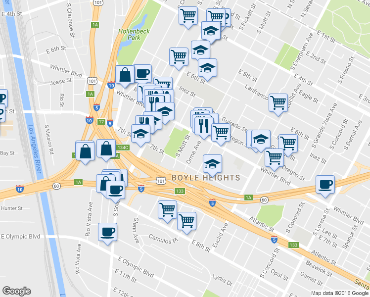 map of restaurants, bars, coffee shops, grocery stores, and more near 946 South Mott Street in Los Angeles