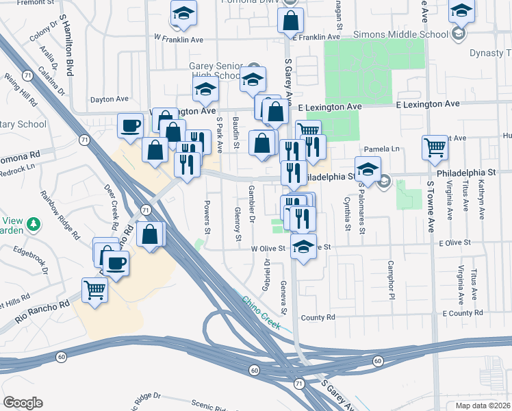 map of restaurants, bars, coffee shops, grocery stores, and more near 2162 Gambier Drive in Pomona